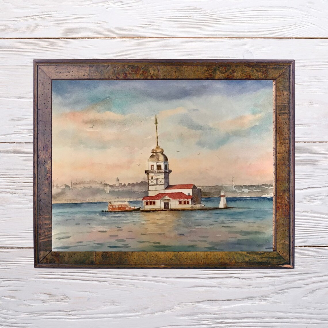 Istanbul Maiden's Tower at Sunset Over Bosphorus Watercolor Poster - Image 3