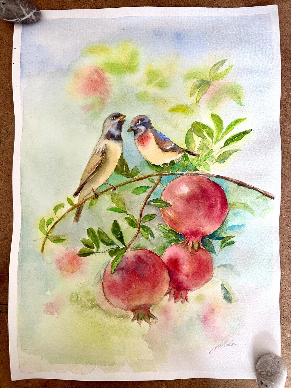 Two Songbirds Among Ripe Pomegranates Watercolor Orchard Poster - Image 2