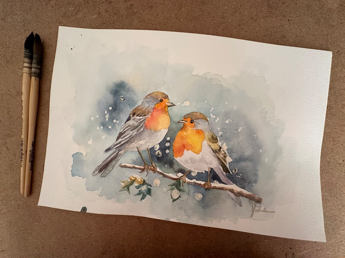 Pair of Robins in Winter Snow Watercolor Christmas Bird Poster - Image 2