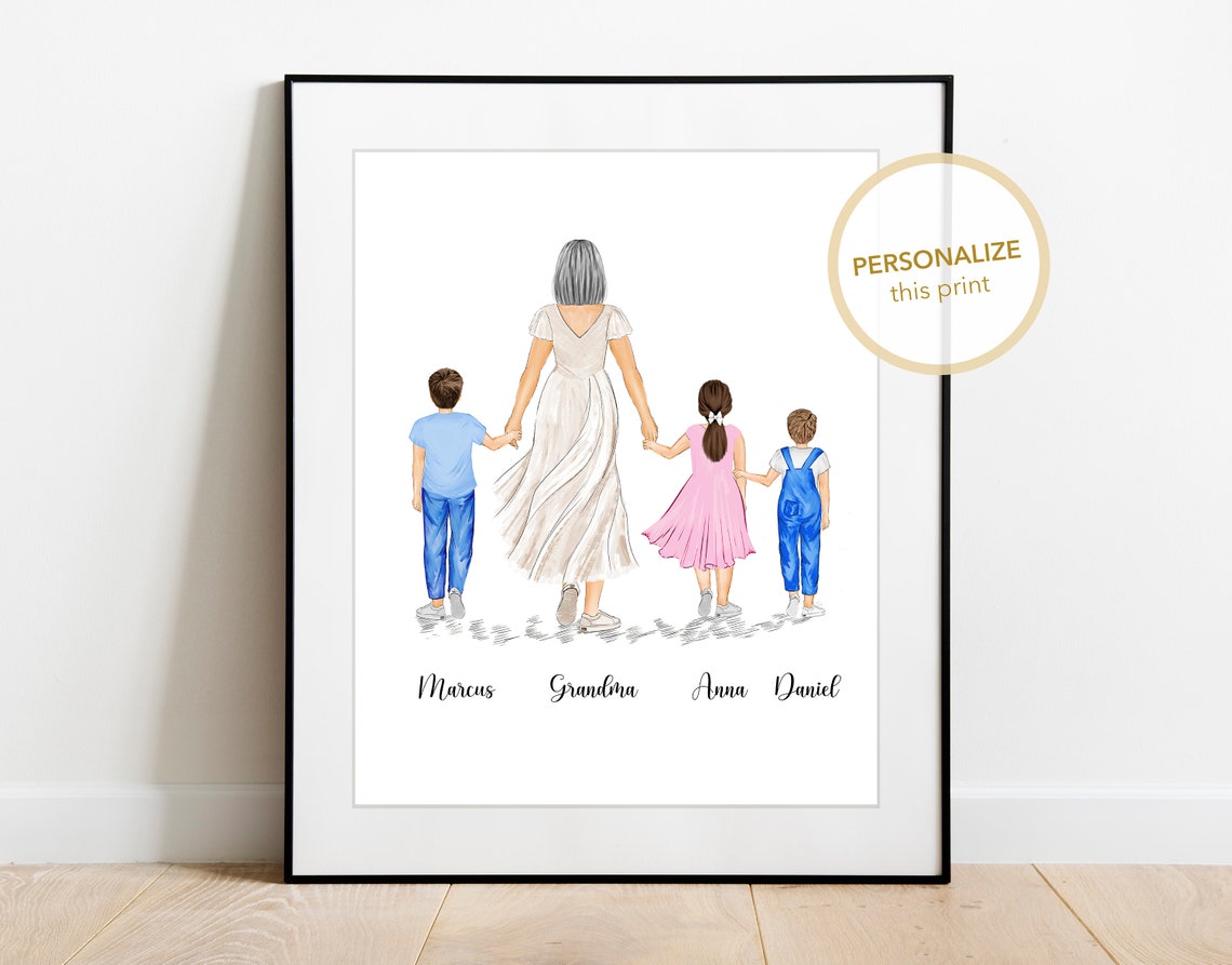 Personalized Angel Wing Grandma and Three Grandkids Portrait Poster - Image 2