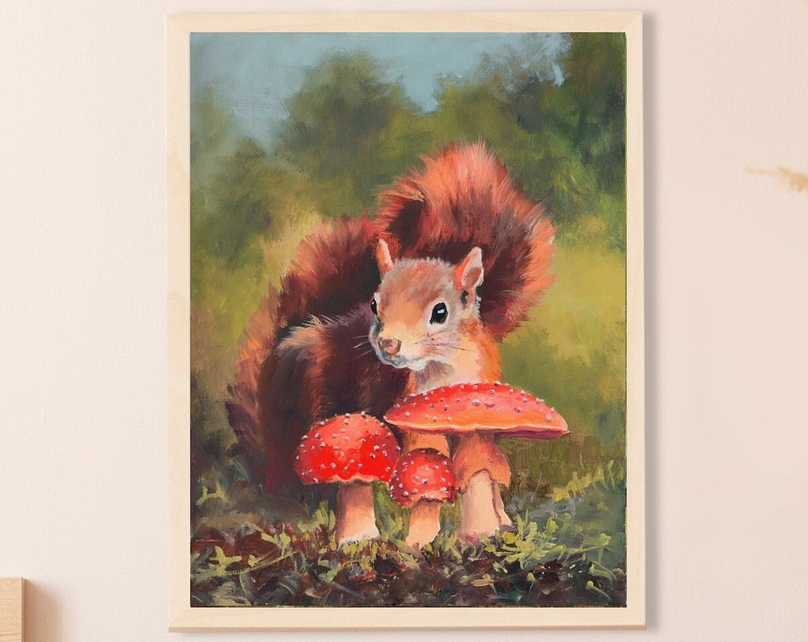 Red Squirrel Fly Agaric Mushrooms Autumn Forest Oil Painting Poster - Image 5