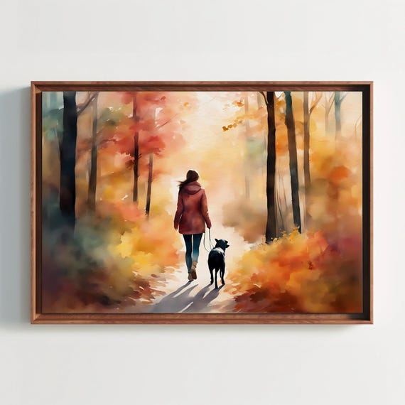 Women Walking With Dog Through Fall Forest Watercolor Painting Scenery Artwork Autumn Landscape Along Art Wall