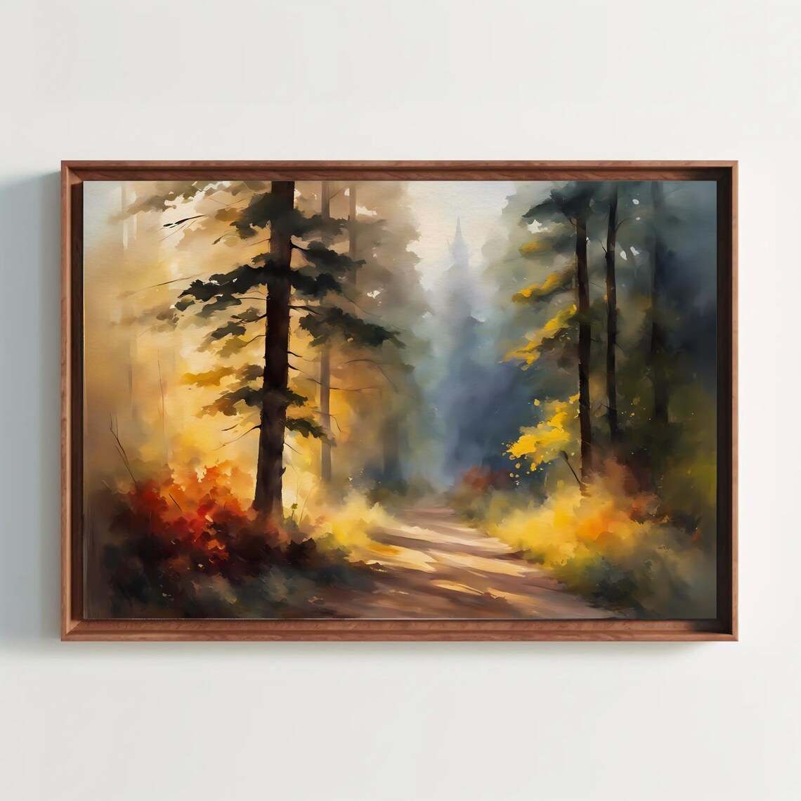 Misty Sunlit Forest Road Watercolor Painting Golden Light Poster