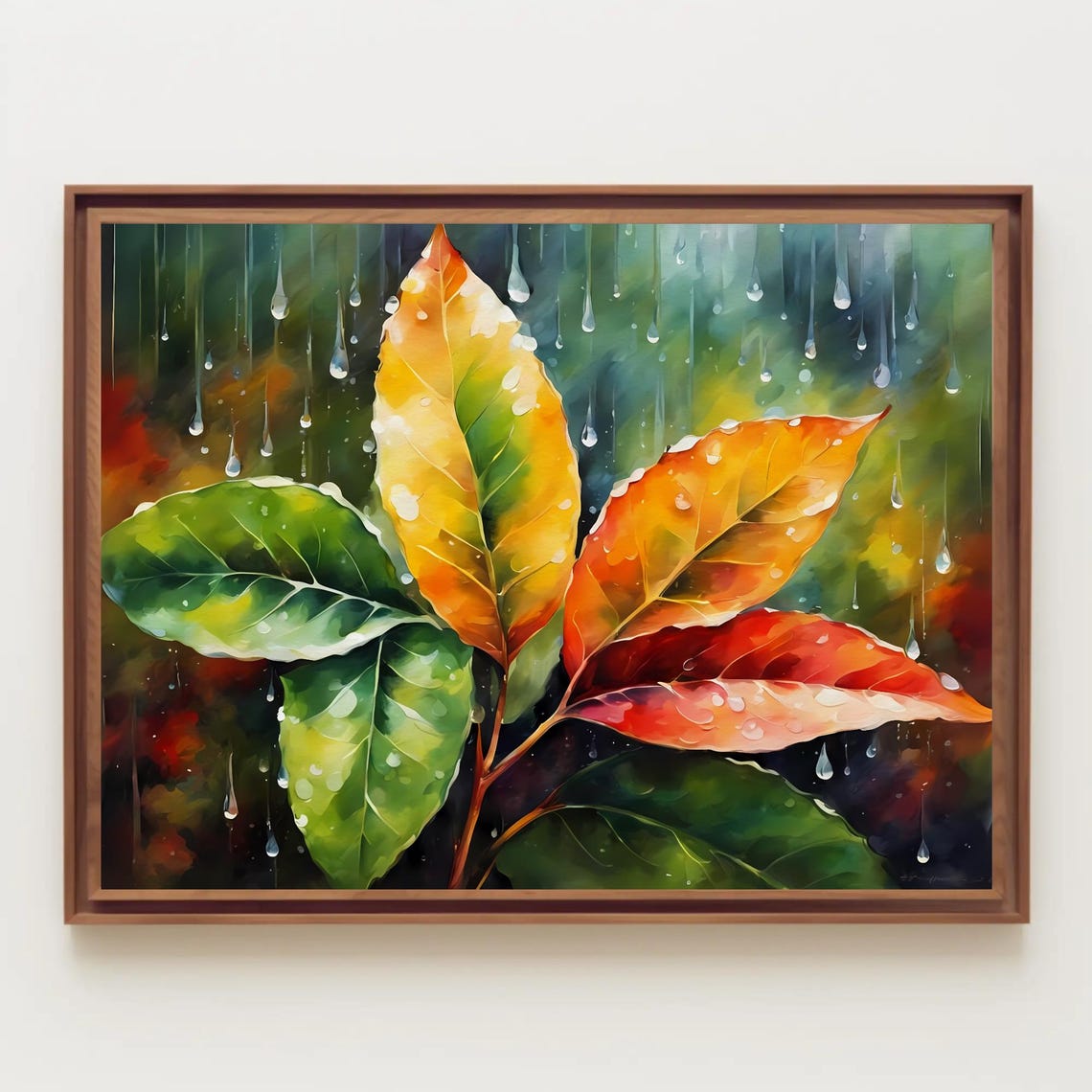 Raindrops on Vibrant Autumn Leaves Watercolor Botanical Poster