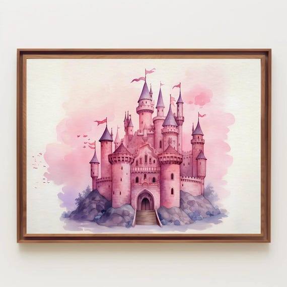 Pink Castle Watercolor Painting Print Princess Fairytale Art Kids Room Wall Decor Nursery