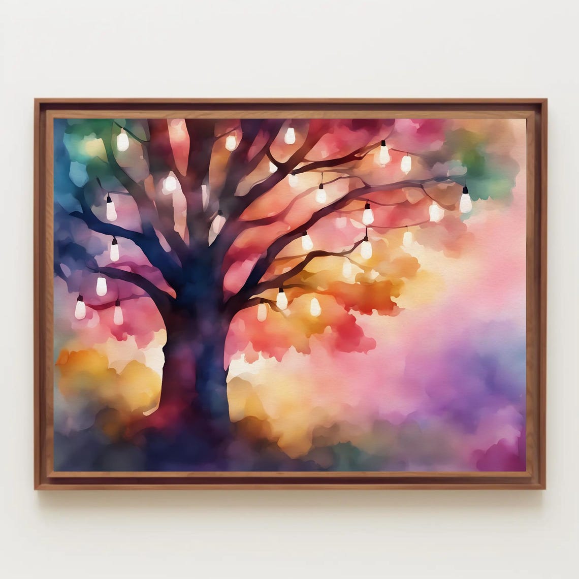 String Lights Glowing Tree Magical Starry Night Watercolor Poster