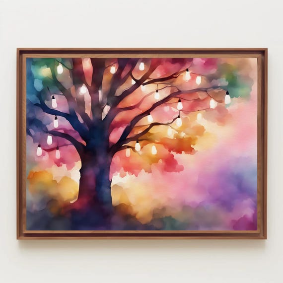 Lights In Tree At Night Watercolor Painting Print Landscape Nighttime Art Wall