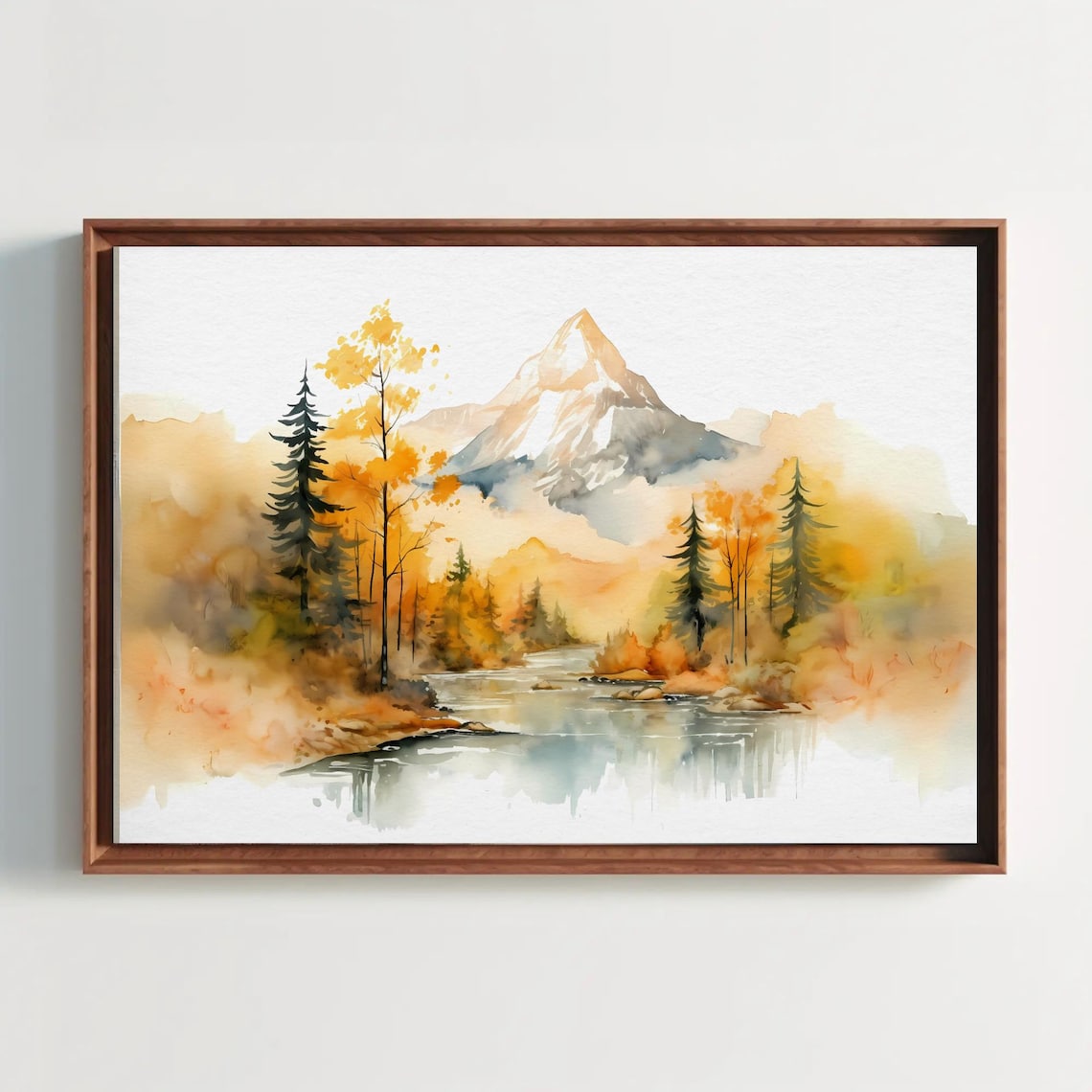 Snow Capped Mountain Lake Autumn Watercolor Landscape Painting Poster