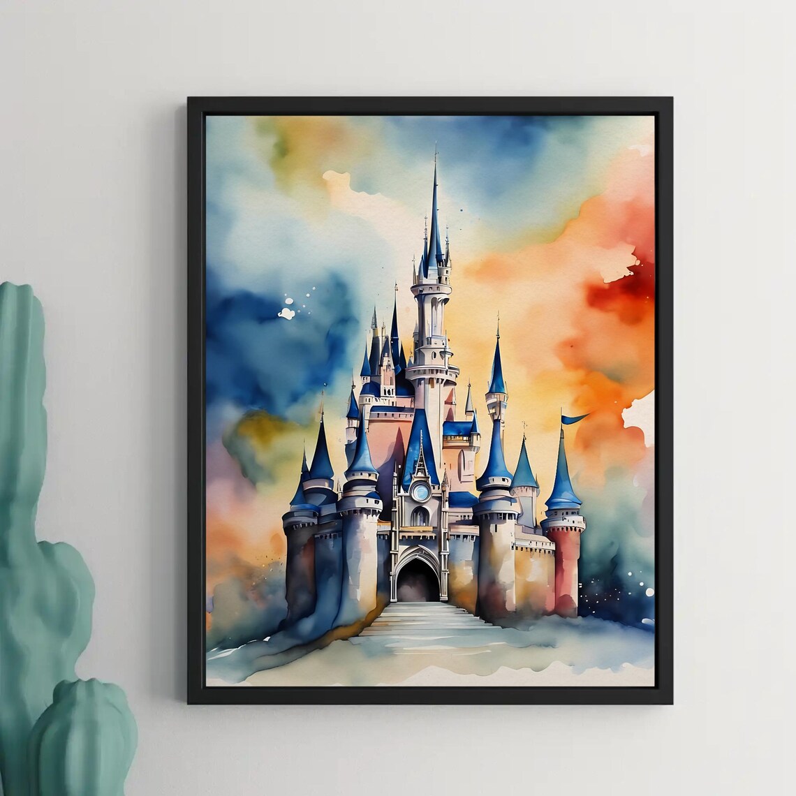 Sunrise Fairy Tale Castle Watercolor Pink Towers Blue Spires Art Print
