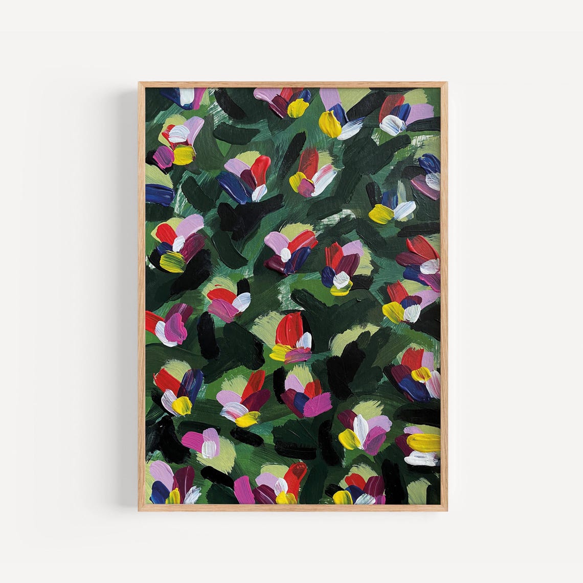 Colorful Impasto Blossoms on Dark Green Abstract Floral Poster