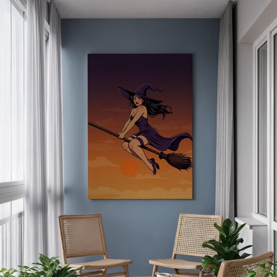 Flying Witch Canvas Wall Art Sexy Pinup Style On Broomstick At Sunset Framed Halloween Fantasy Artwork For Gothic And Magical Home