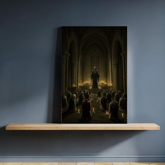 Dark Cult Ritual Canvas Wall Art Gothic Cathedral Scene With Hooded Figures And Candles Creepy Occult Illustration Gift For Horror Decor