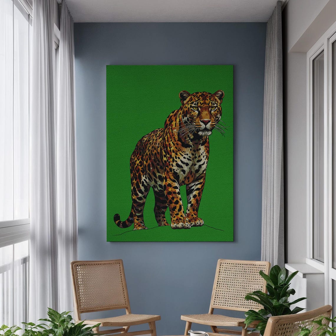 Leopard On Vivid Green Background Realistic Big Cat Art Poster