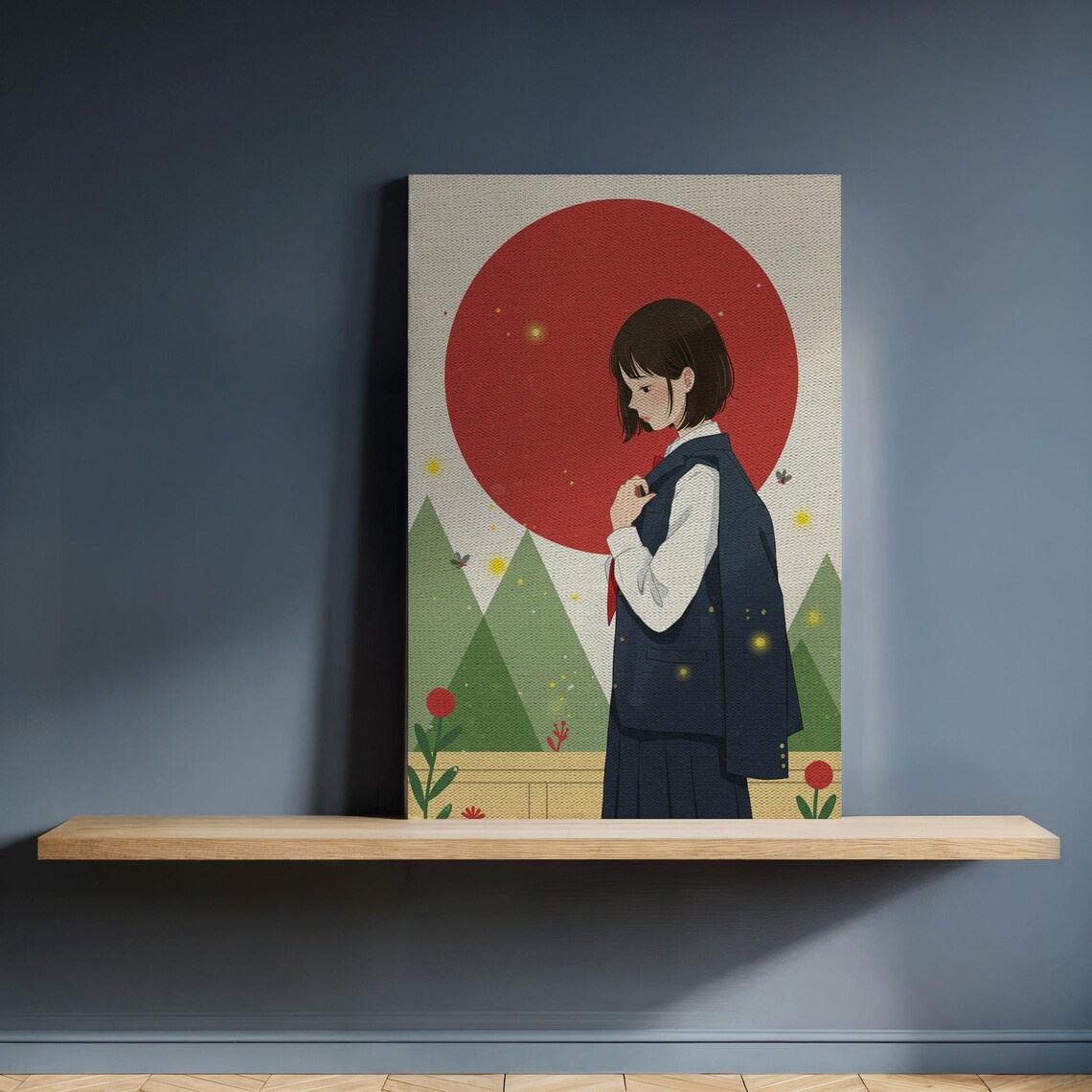 Japanese Schoolgirl Red Sun Green Mountains Anime Style Art Poster