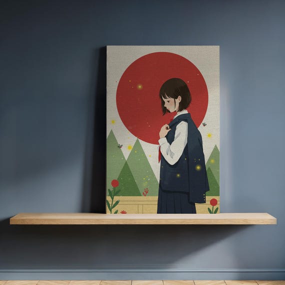 Framed Anime Girl Canvas Wall Art Red Sun And Natureinspired Print Japanese School Poster For Youthful Minimalist Decor