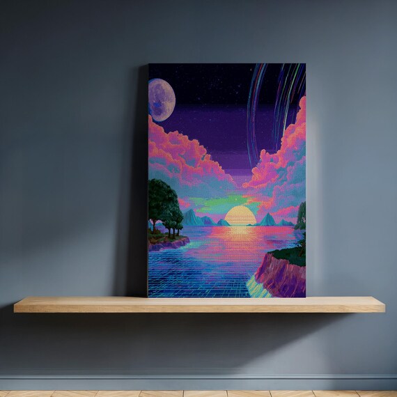 Neon Sunset Retro Futuristic Ocean Synthwave Seascape Art Poster