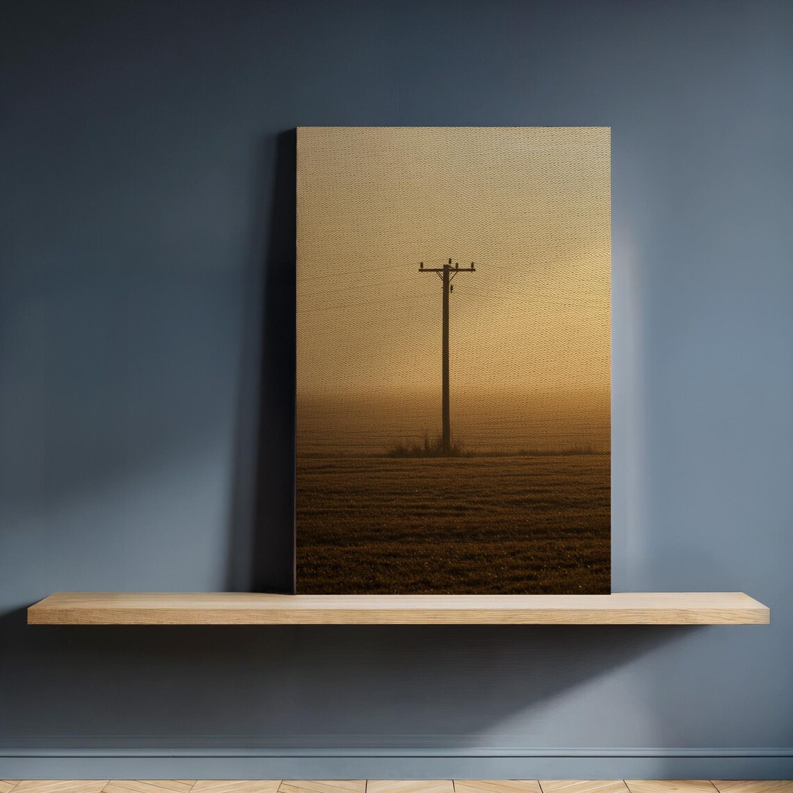 Golden Fog Power Line Pole Silhouette Minimal Rural Sunrise Art Poster
