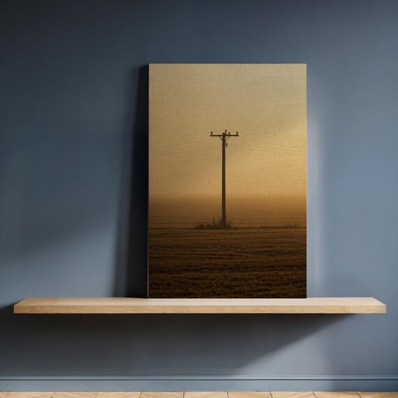 Golden Fog Power Line Canvas Wall Art Minimal Rural Landscape With Sunrise Haze Framed Rustic Nature Photography For Calm Decor