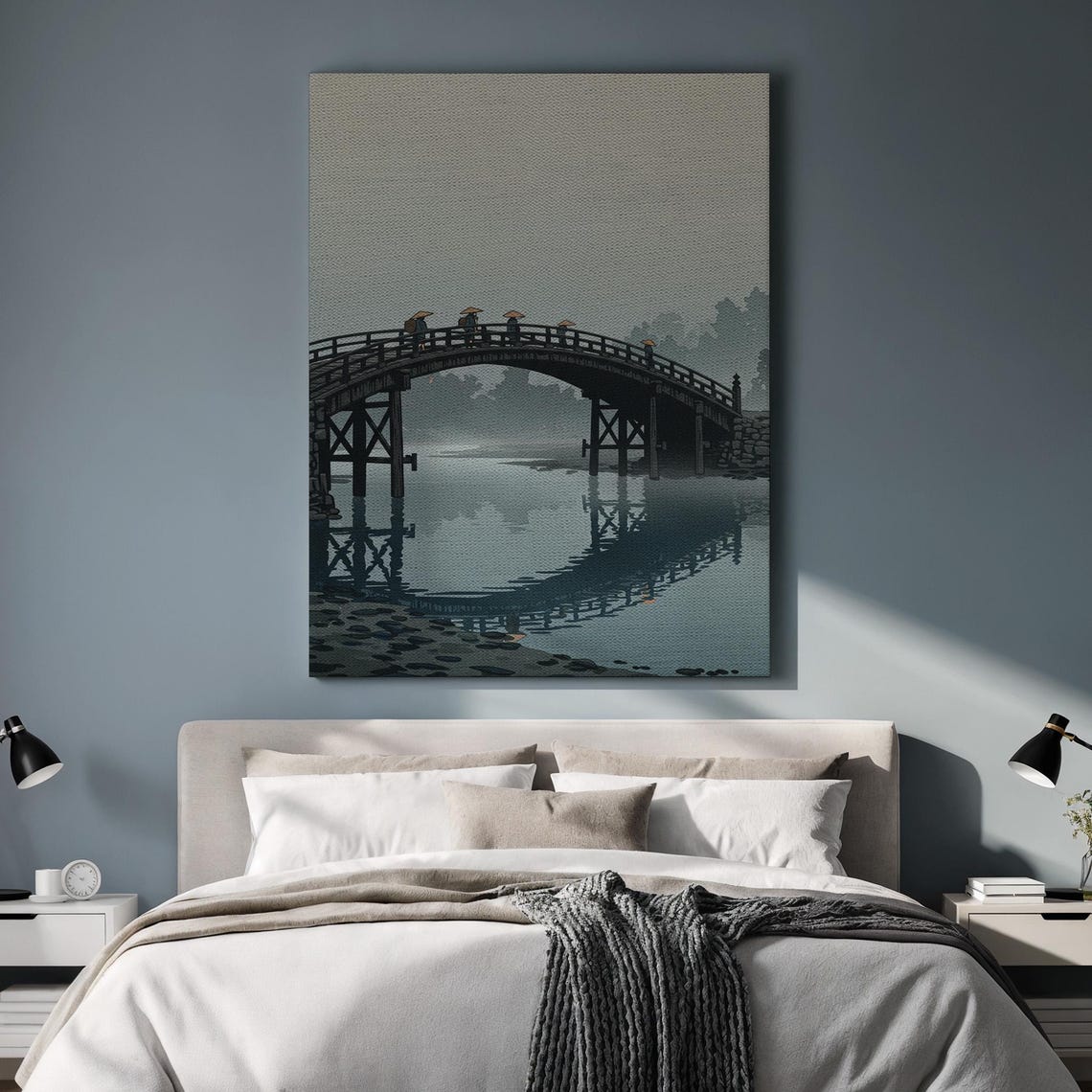 Japanese Arched Wooden Bridge Over Misty River Zen Landscape Poster