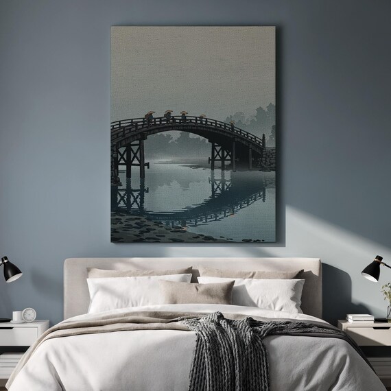 Japanese Bridge Canvas Wall Art Framed Misty Landscape Painting With Reflections Zen Minimalist Gift For Tranquil And Timeless Interiors