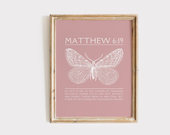 Matthew 619 Moth Engraving Mauve Scripture Poster With Verse Text