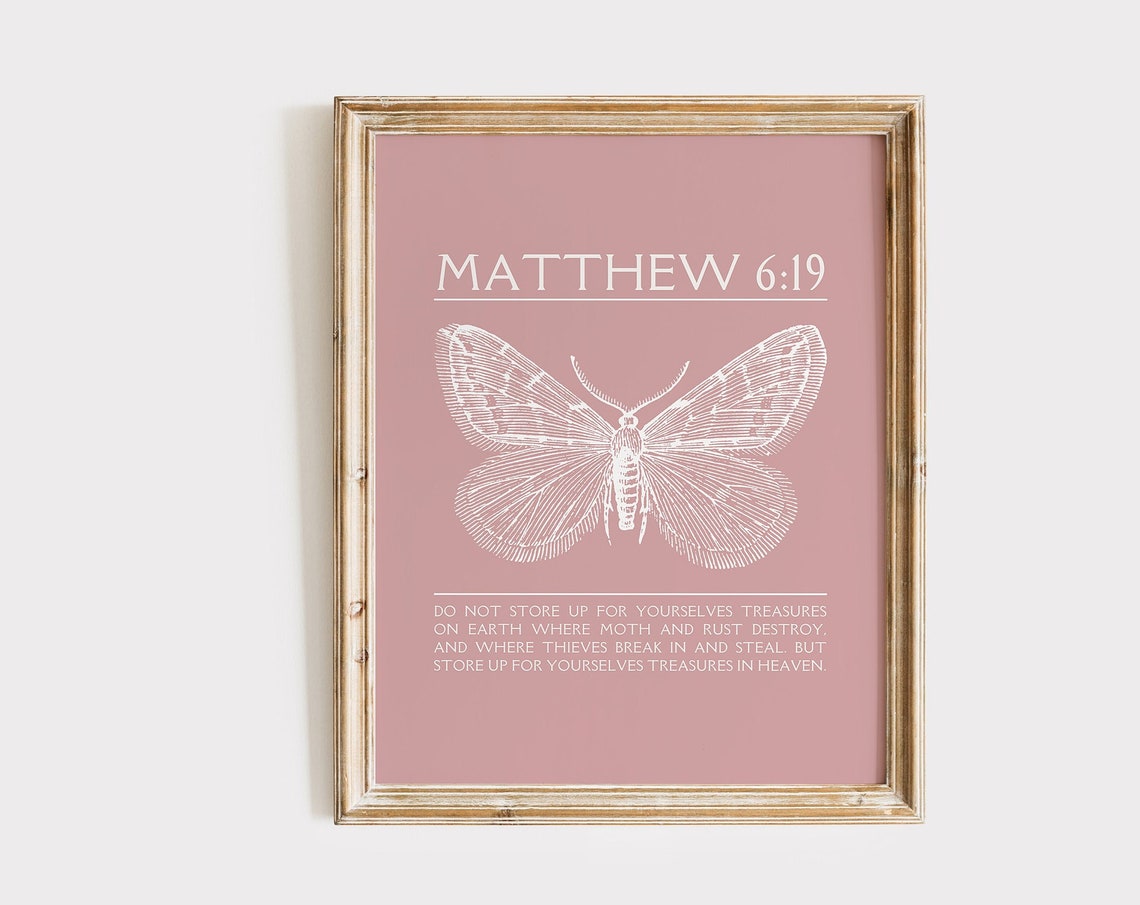 Matthew 619 Moth Engraving Mauve Scripture Poster With Verse Text
