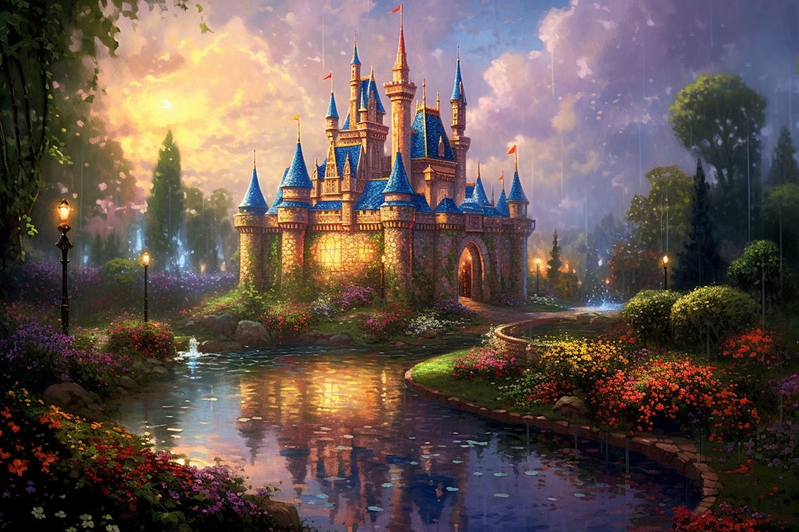 Magical Fairytale Castle Blue Spires Glowing Sunset Fantasy Poster