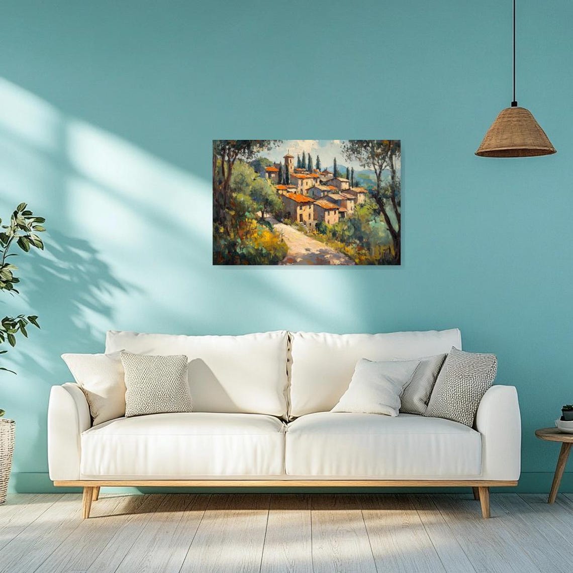 Hillside Village Cypress Trees Sunlit Impressionist Landscape Poster - Image 2