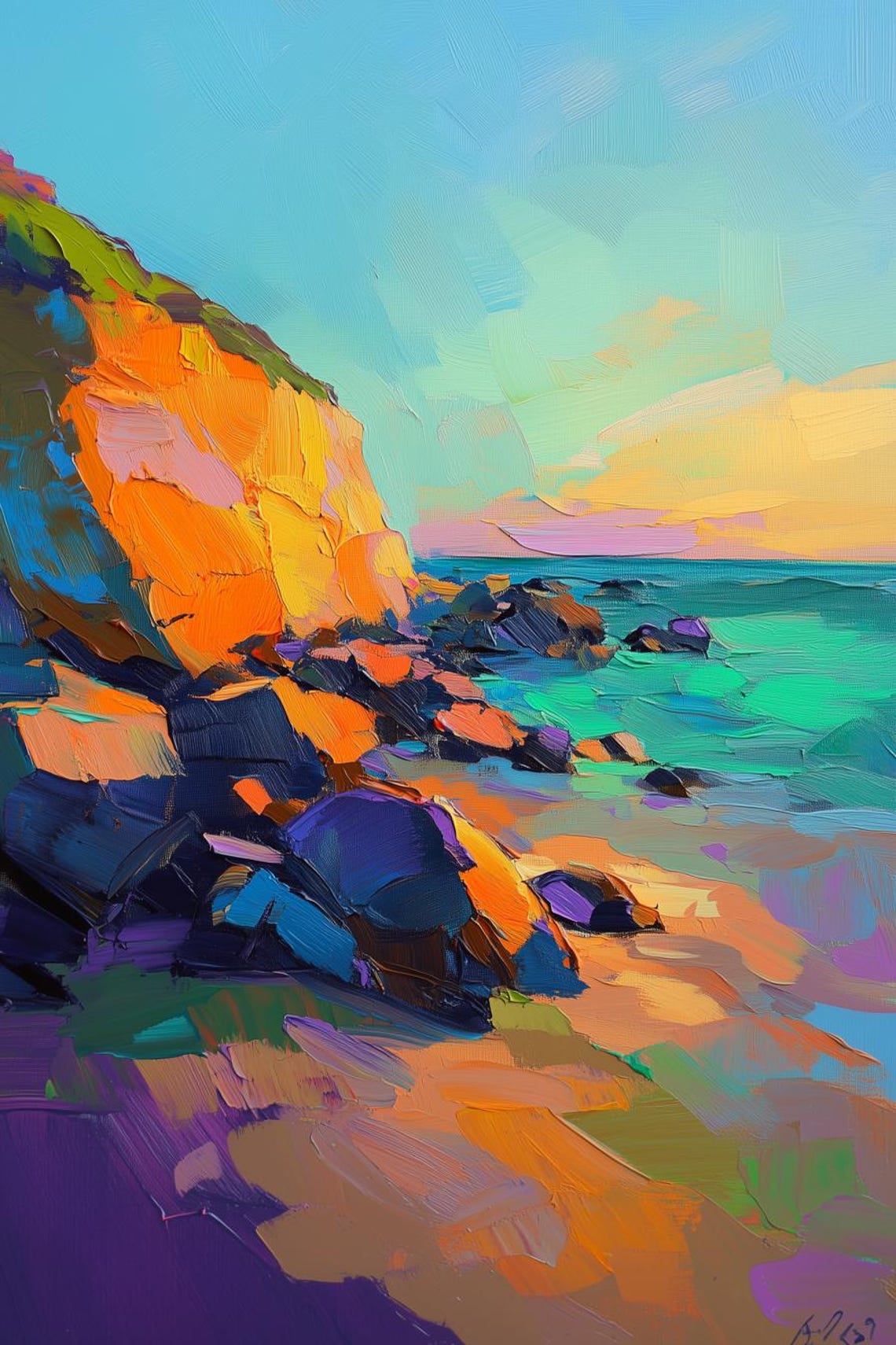 Warm Vibrant Coastal Cliff Sunset Impasto Oil Painting Poster