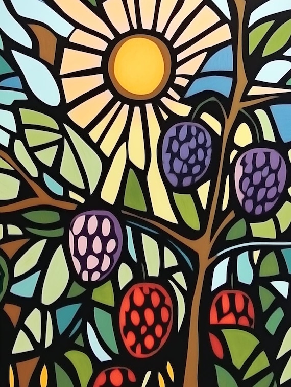 Stained Glass Style Print Featuring Colorful Fruits And Vibrant Sun For Home Decor And Wall Art