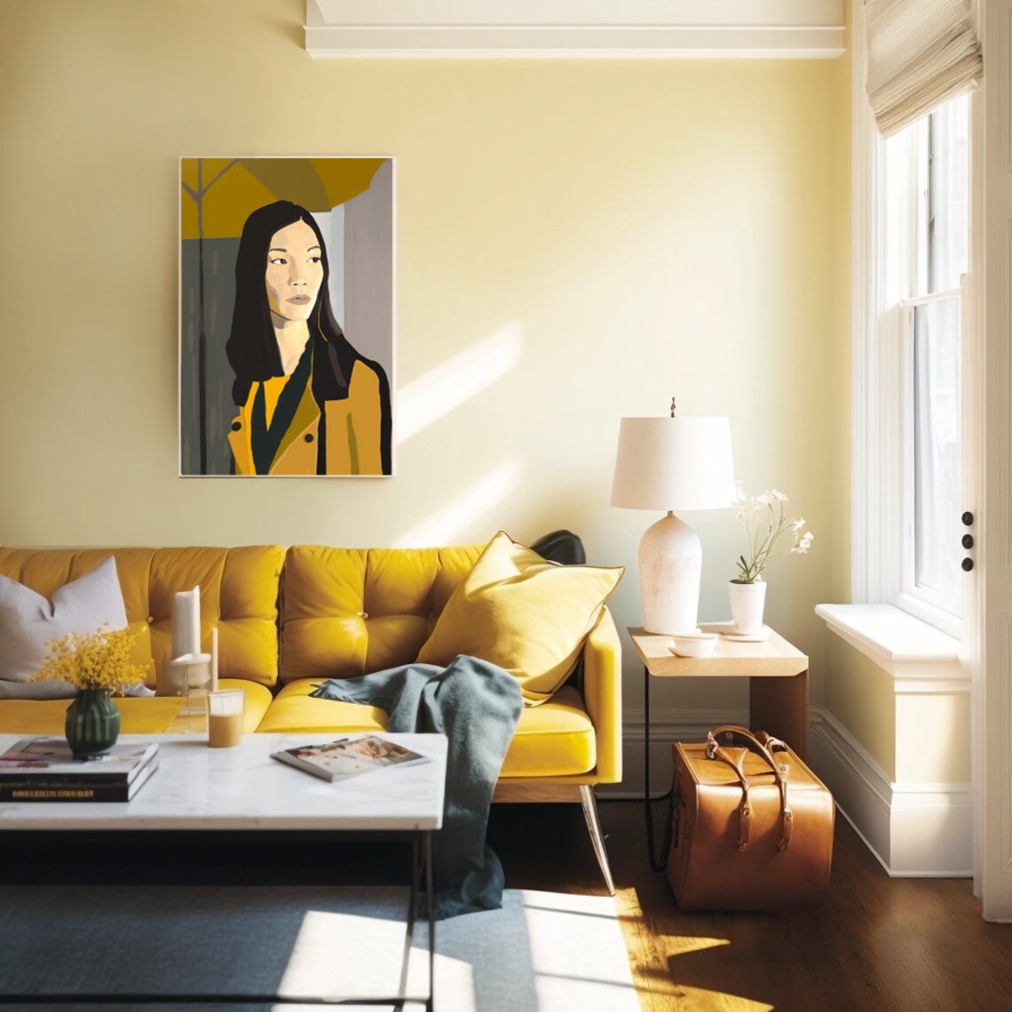 Stylish Young Woman in Yellow Coat Modern Portrait Art Poster - Image 2