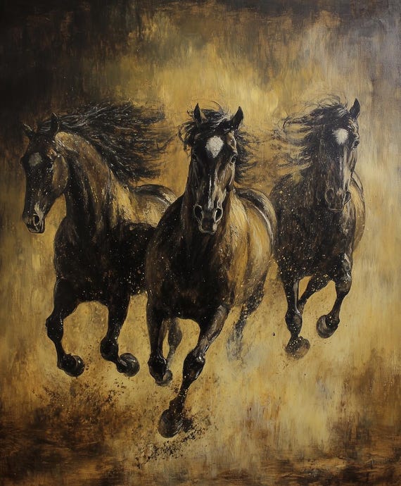 Majestic Running Horses Print Bold Earthy Tones Wall Art Home Decor Inspired By Traditional Realism