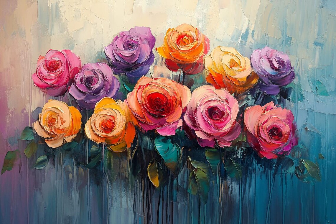 Impasto Colorful Roses Painting in Purple Orange and Pink Poster