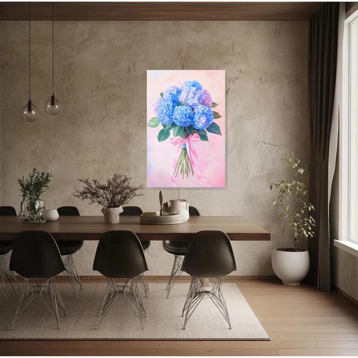 Blue Hydrangea Bouquet Tied With a Flowing Pink Satin Ribbon Poster - Image 3