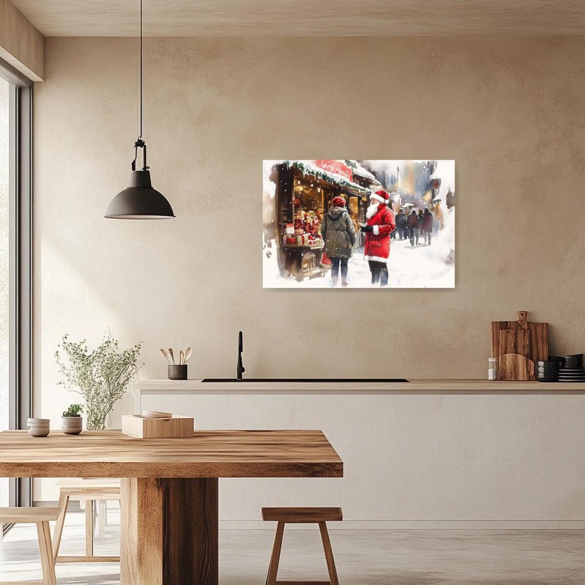 Santa Claus at a Snowy Christmas Market Watercolor Scene Poster - Image 3