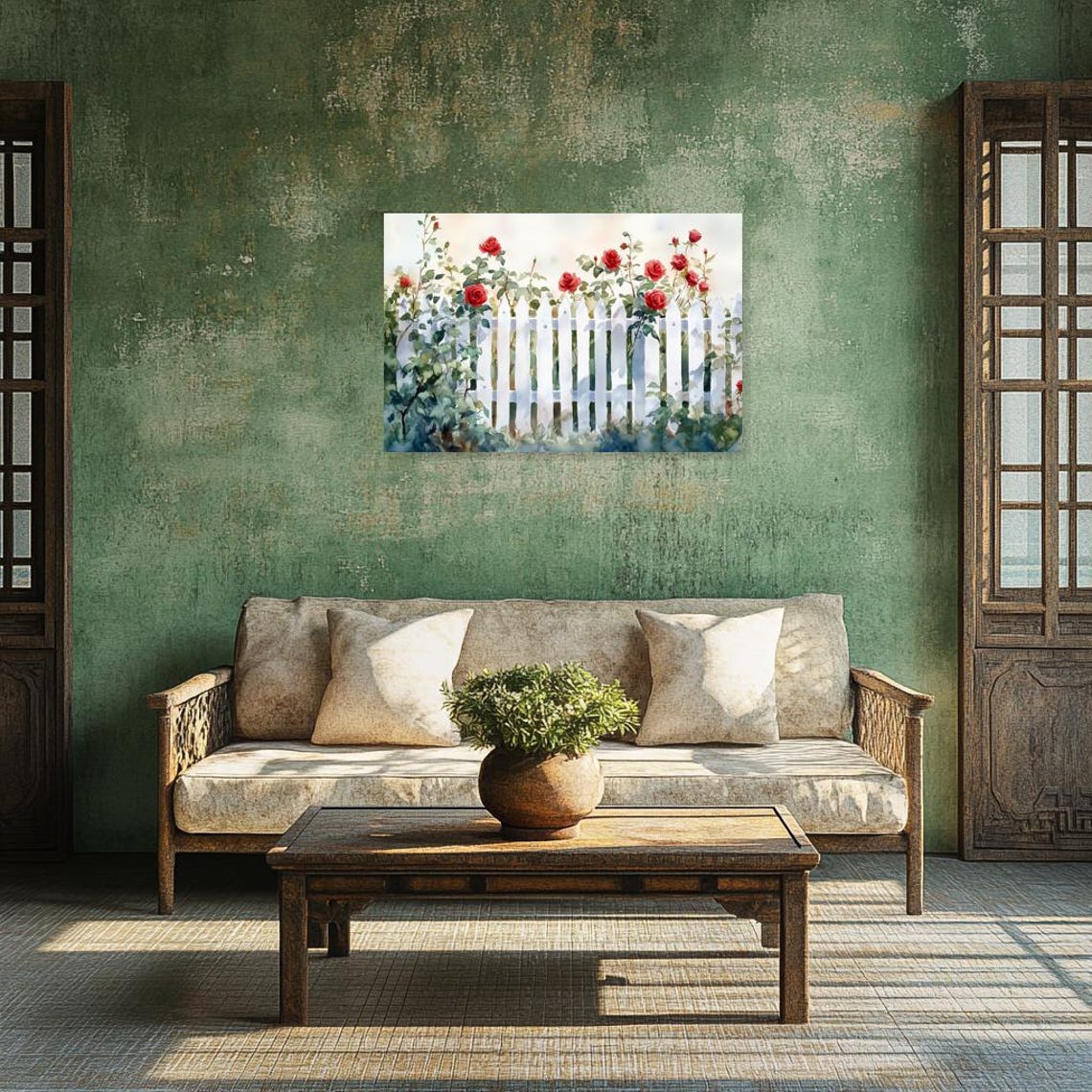 Red Roses Climbing White Picket Fence Watercolor Floral Art Print - Image 2
