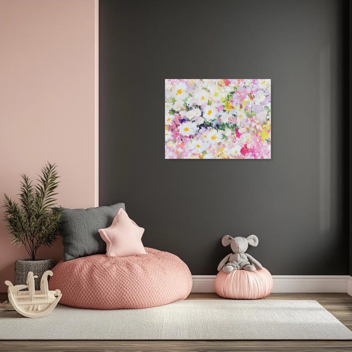 Impressionist Field of White Daisies in Soft Pink Floral Poster - Image 2