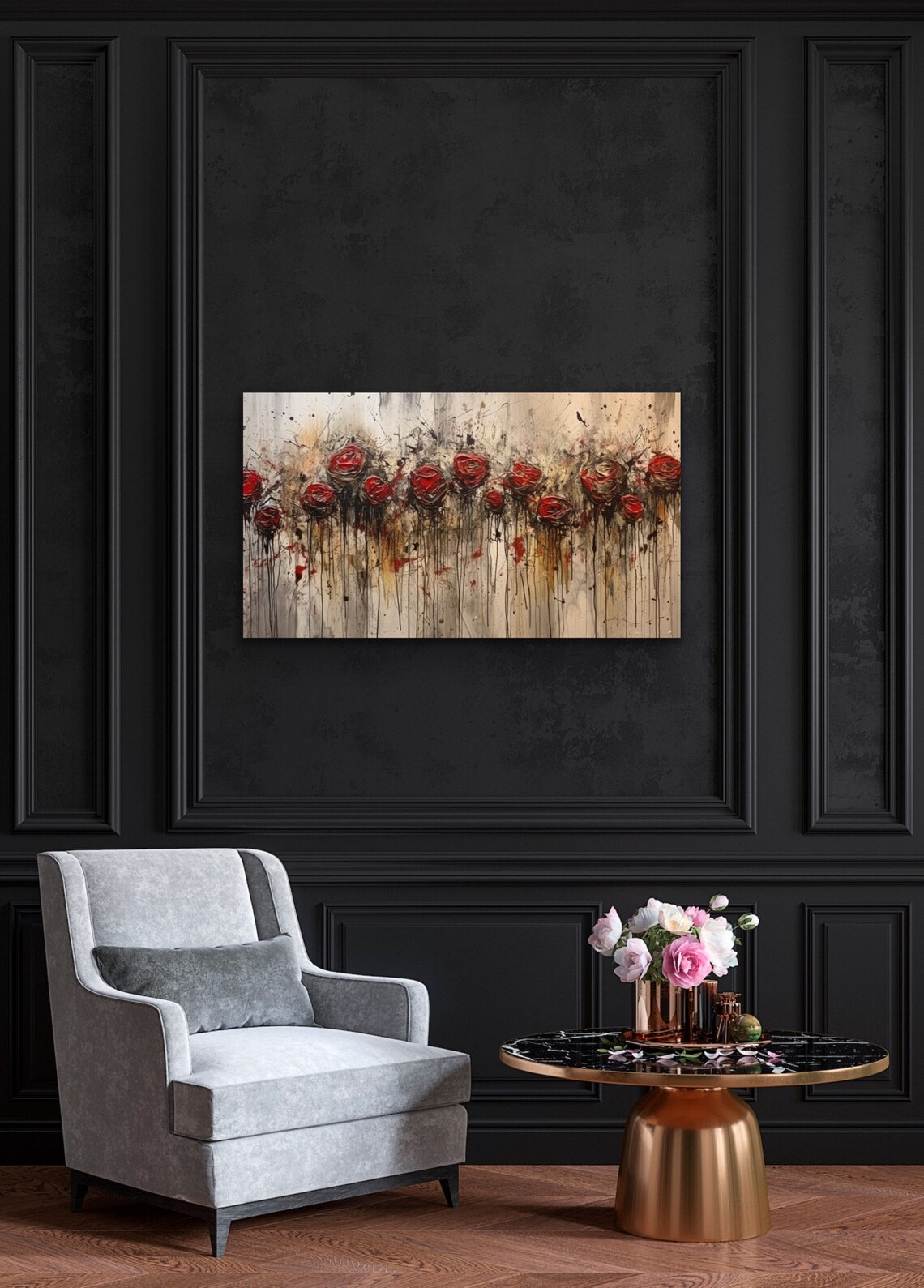Distressed Velvet Red Roses Row Dark Moody Abstract Floral Poster - Image 2