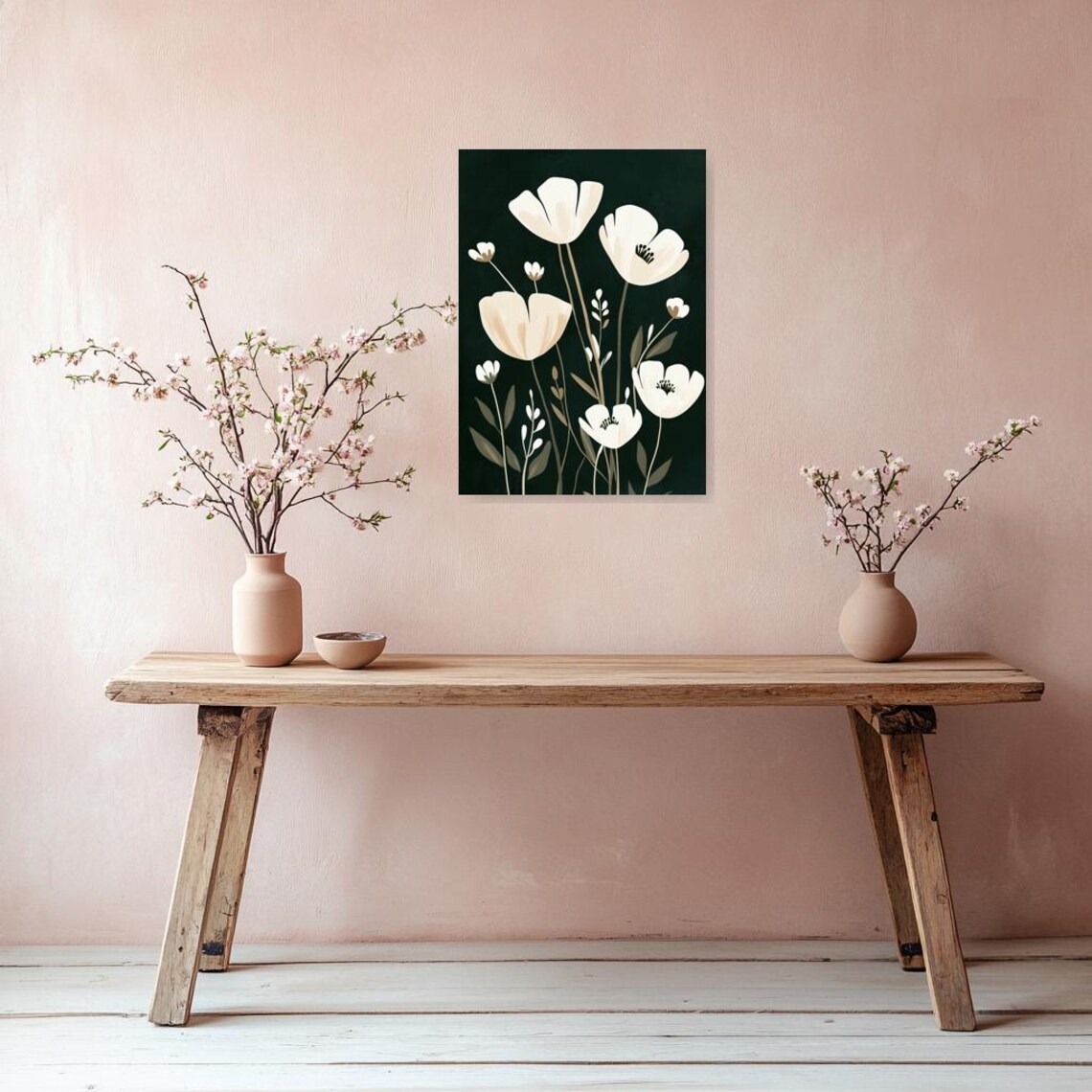 White Blossoms Dark Background Scandinavian Minimal Floral Poster - Image 3