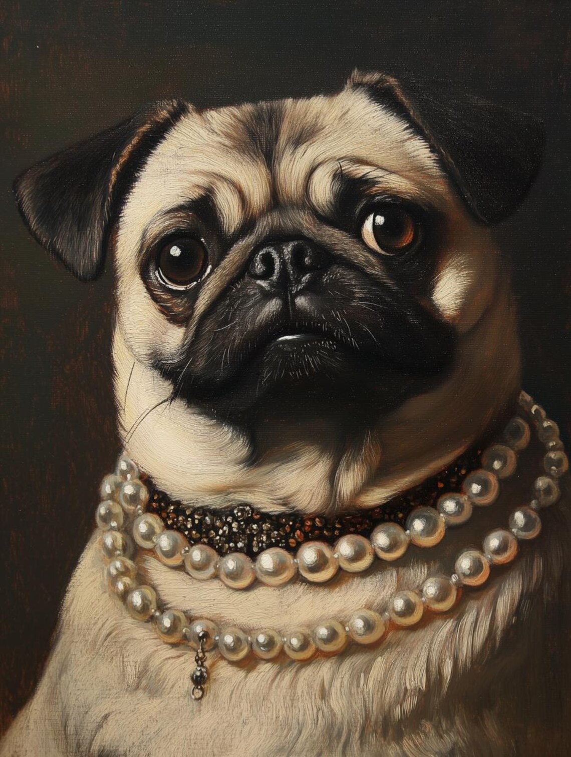 Baroque Style Pug Dog Portrait Wearing Pearl Necklaces Poster