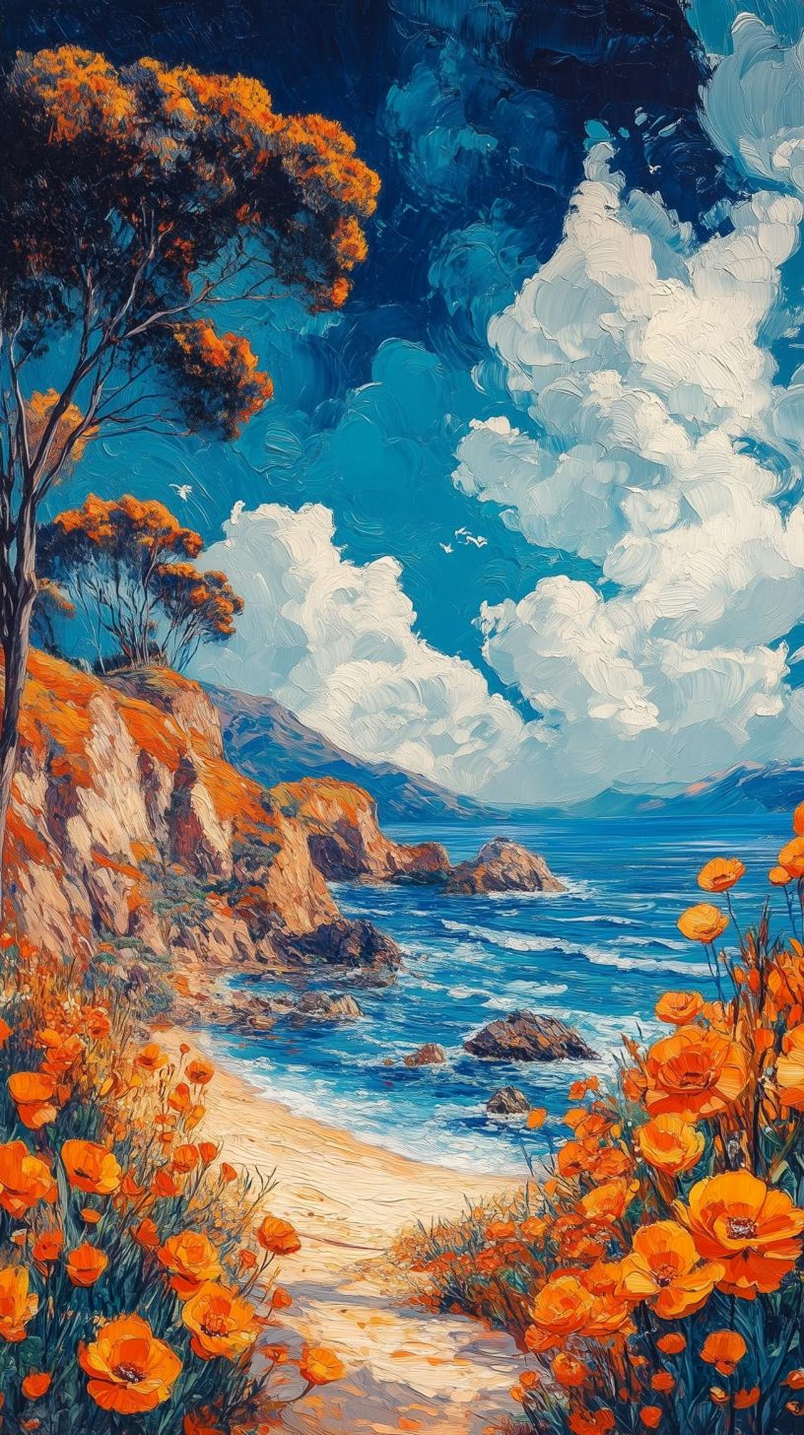 Orange Poppies Blooming on Dramatic Blue Coastal Cliffs Poster