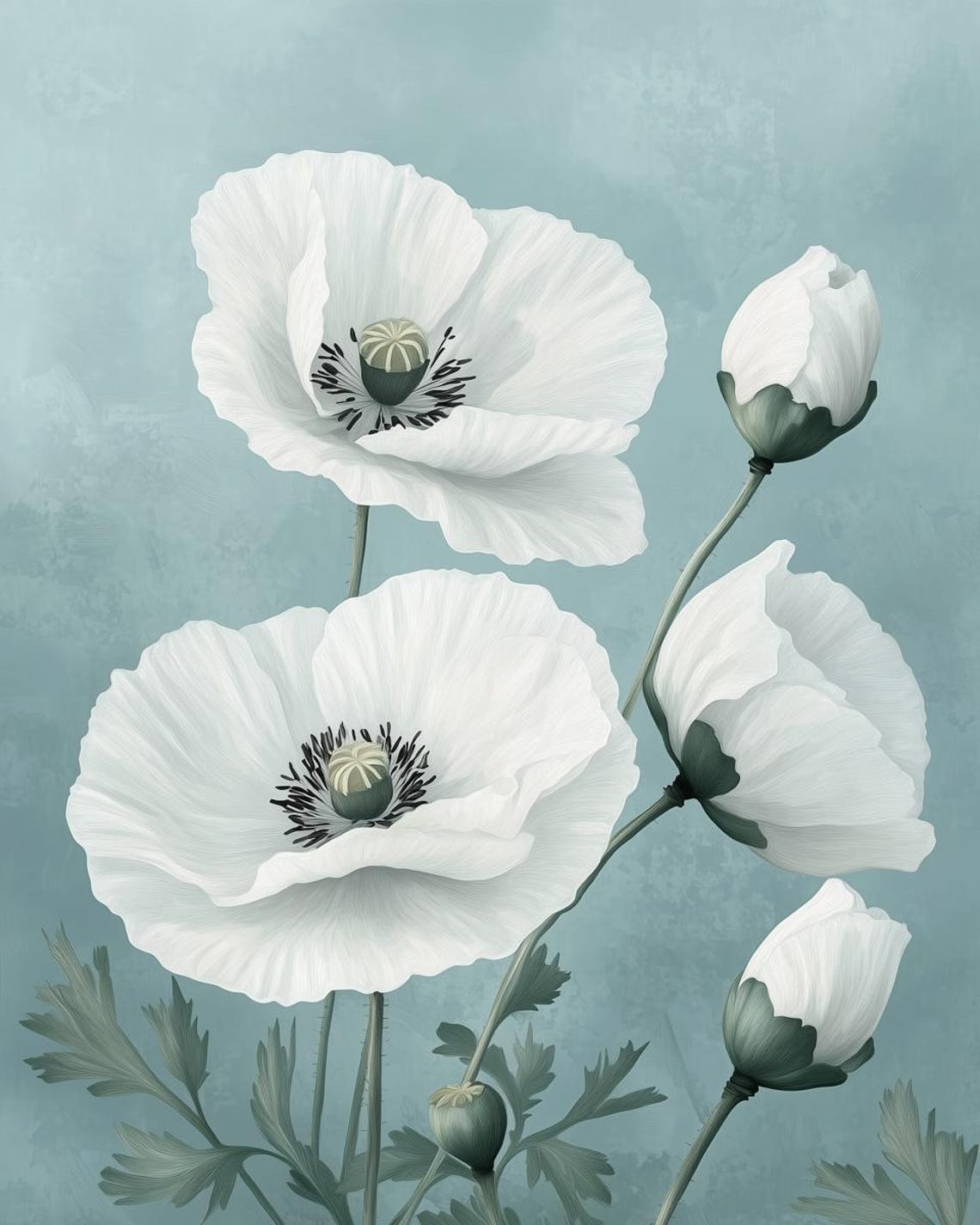 Serene Elegant White Poppies Soft Blue Floral Botanical Poster