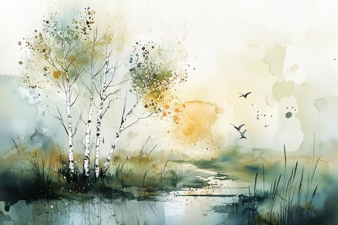Birch Trees Misty Pond Birds Watercolor Nature Landscape Poster