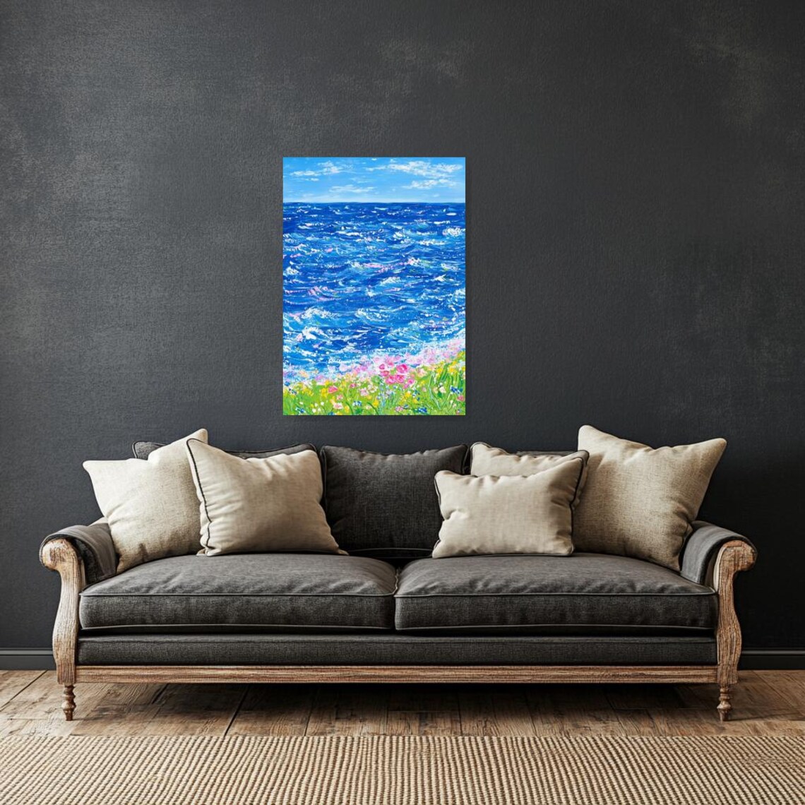 Bright Blue Ocean Waves Meeting a Colorful Wildflower Meadow Poster - Image 3