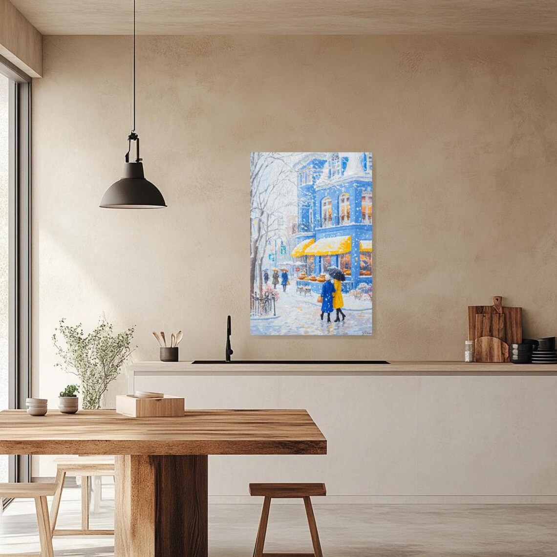 Snowy Blue And Yellow Cafe Street Winter City Impressionist Poster - Image 2