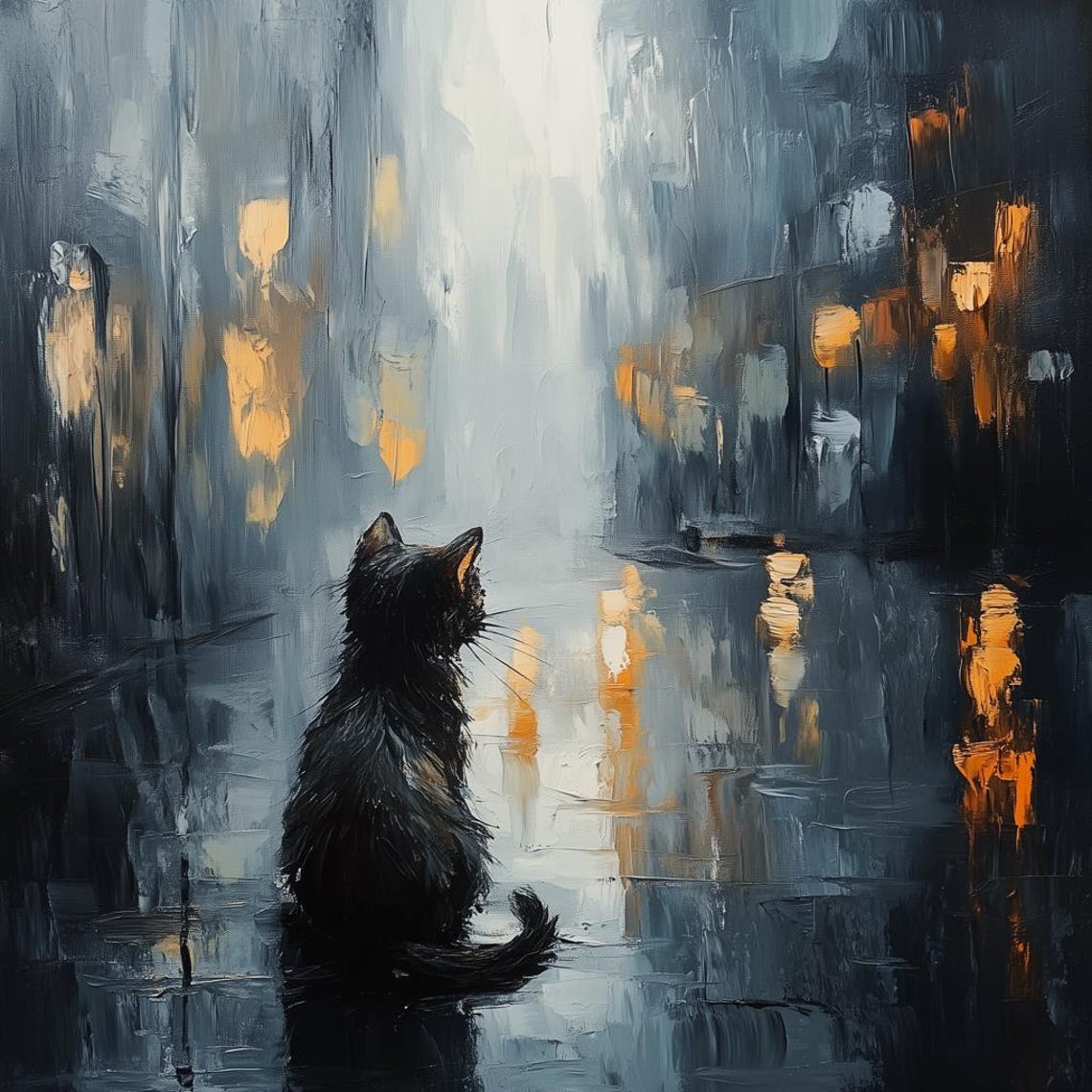 Black Cat Rainy Night Street Golden Lights Impressionist Poster