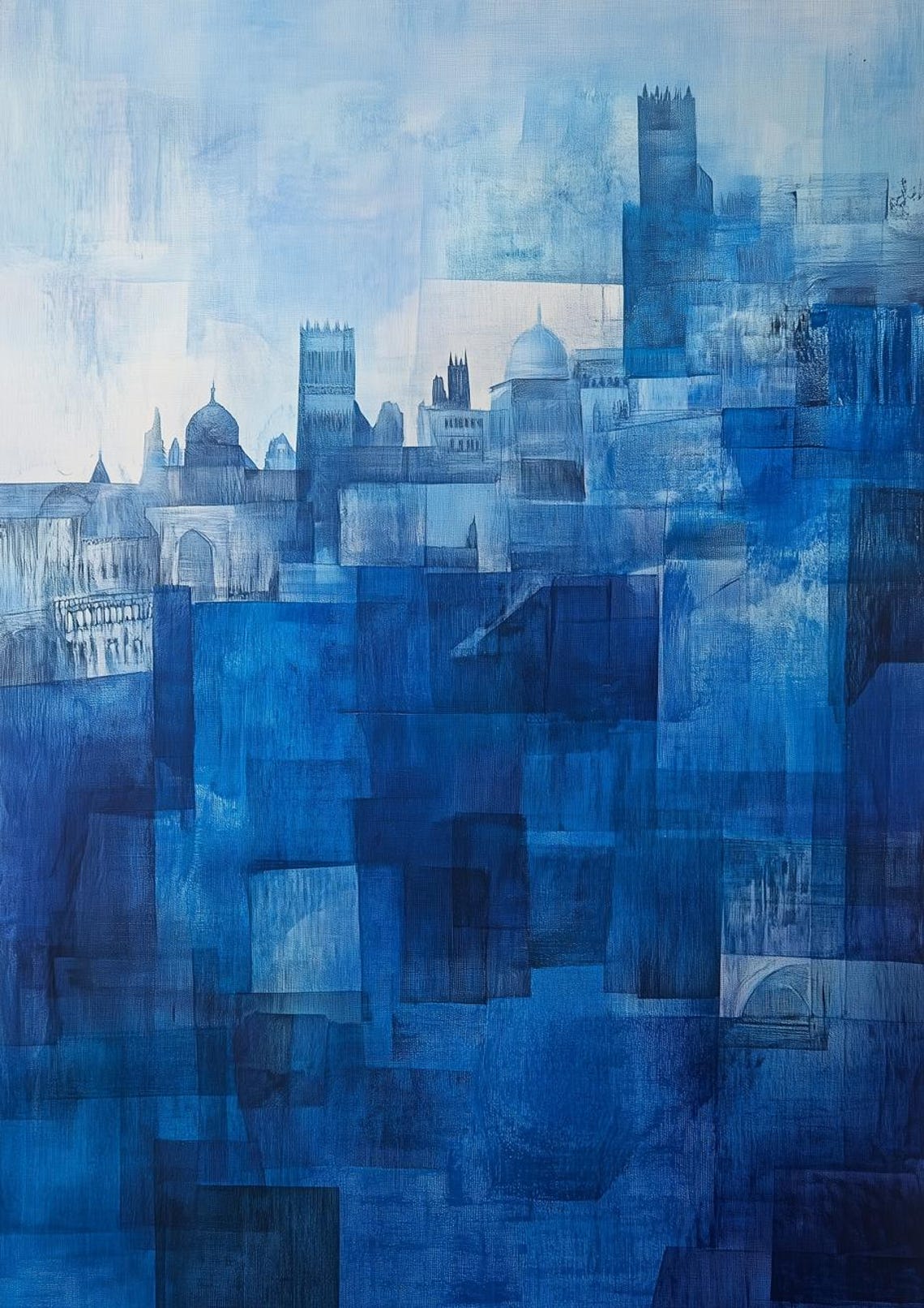 Monochrome Blue Abstract Cityscape Painting Cubist Skyline Art Poster