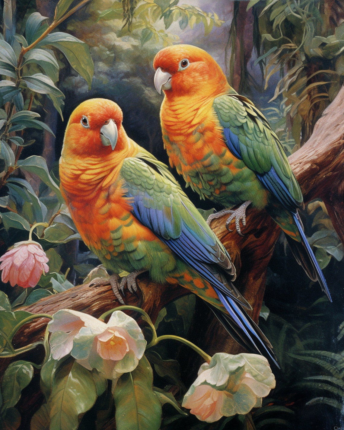 Two Colorful Parrot Lovers Perched on Botanical Branch Poster