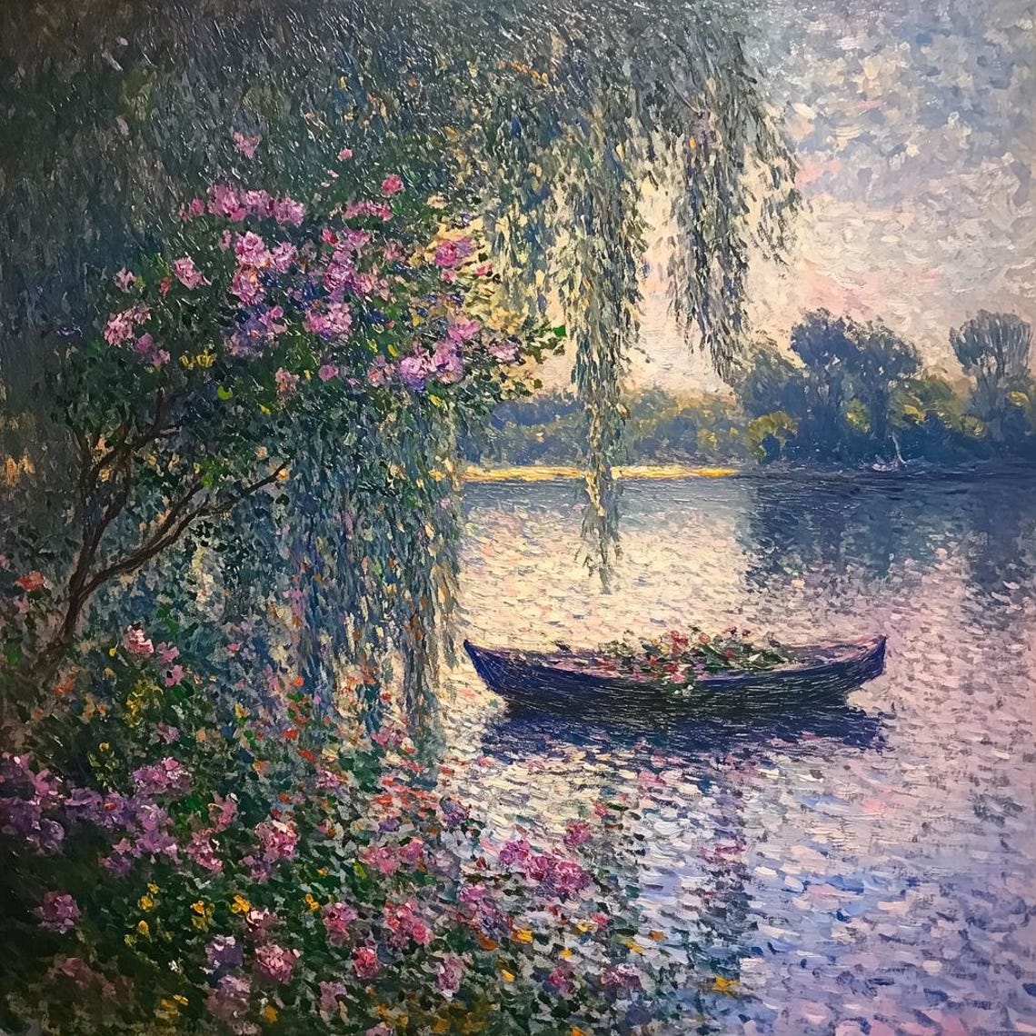 Tranquil River Boat Blossoms Willows Monet-Style Impressionist Poster