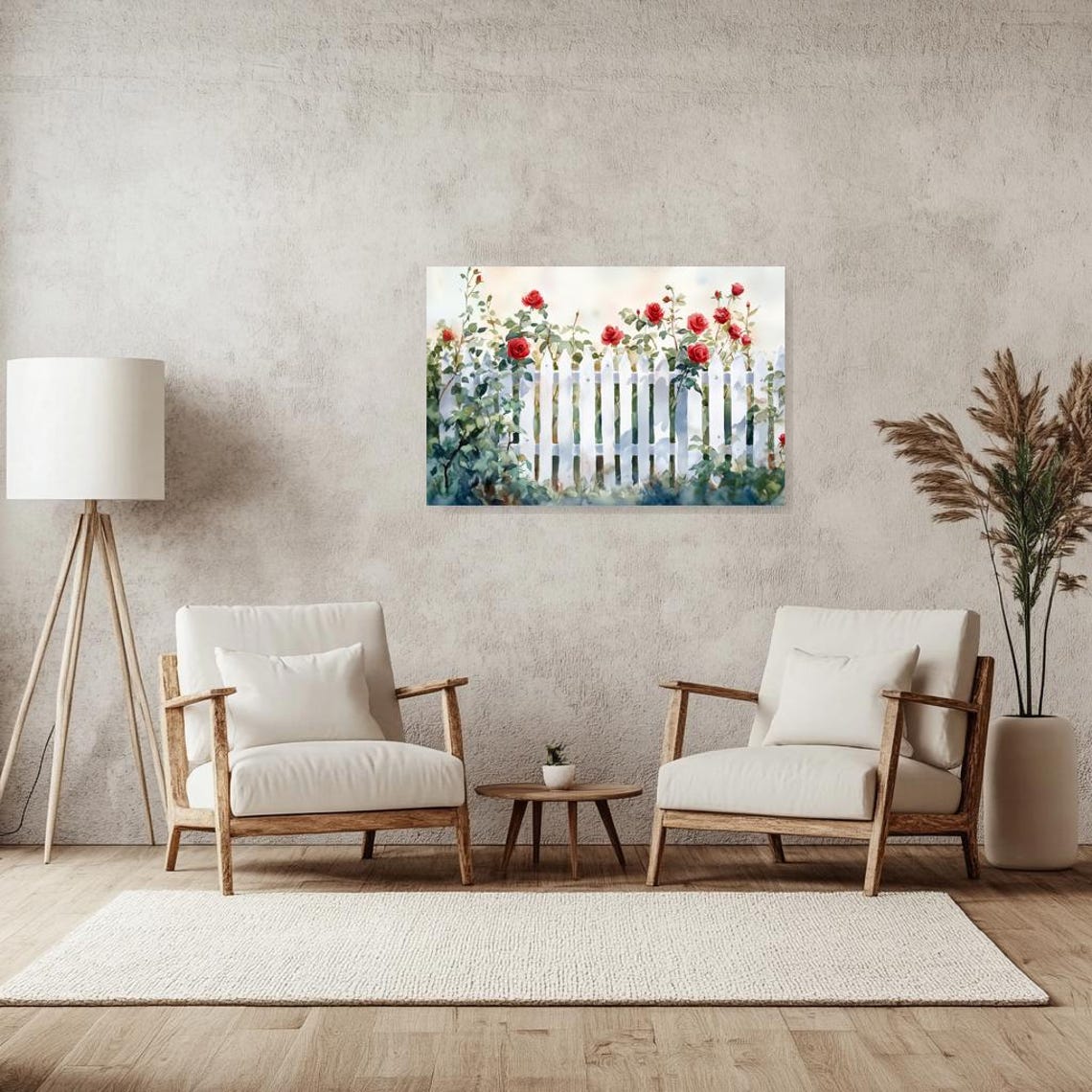 Red Roses Climbing White Picket Fence Watercolor Floral Art Print - Image 3
